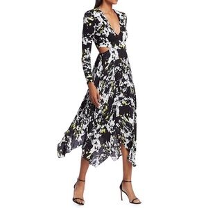 Alice + Olivia Temika Cutout Midi Dress Printed Size 10 Handkerchief Hem V Neck